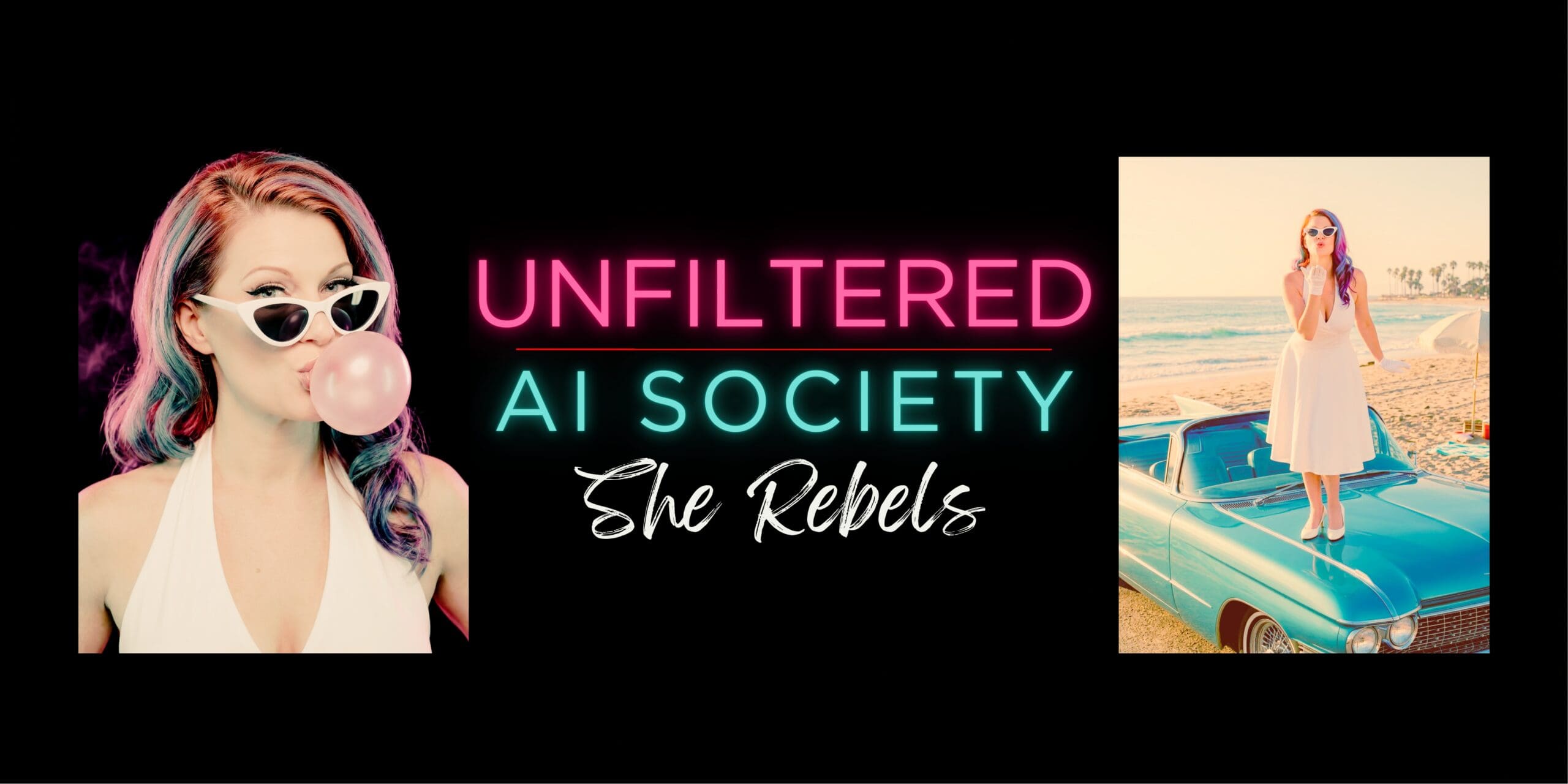 Unfiltered AI Society, She Rebels, bubble gum, retro, vintage, car, beach, woman, break rules, 1960s, modern