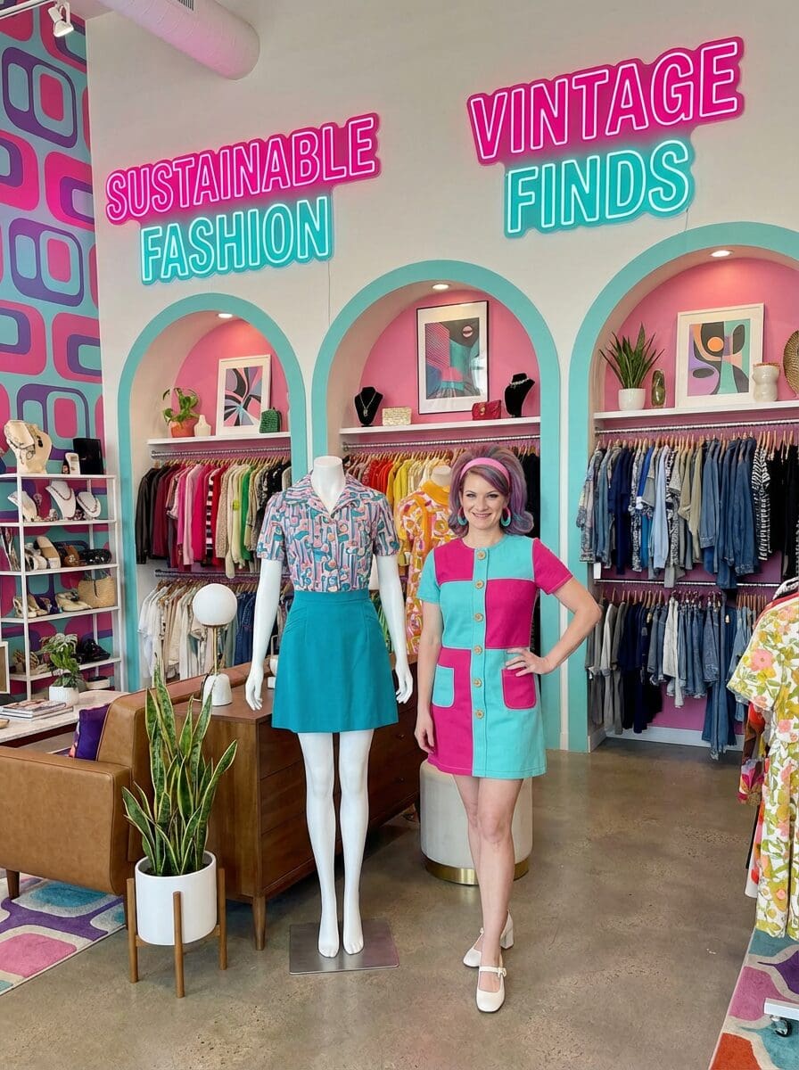 Sustainable fashion, retro, vintage, thrift store, hot pink, teal, woman, boutique, upscale